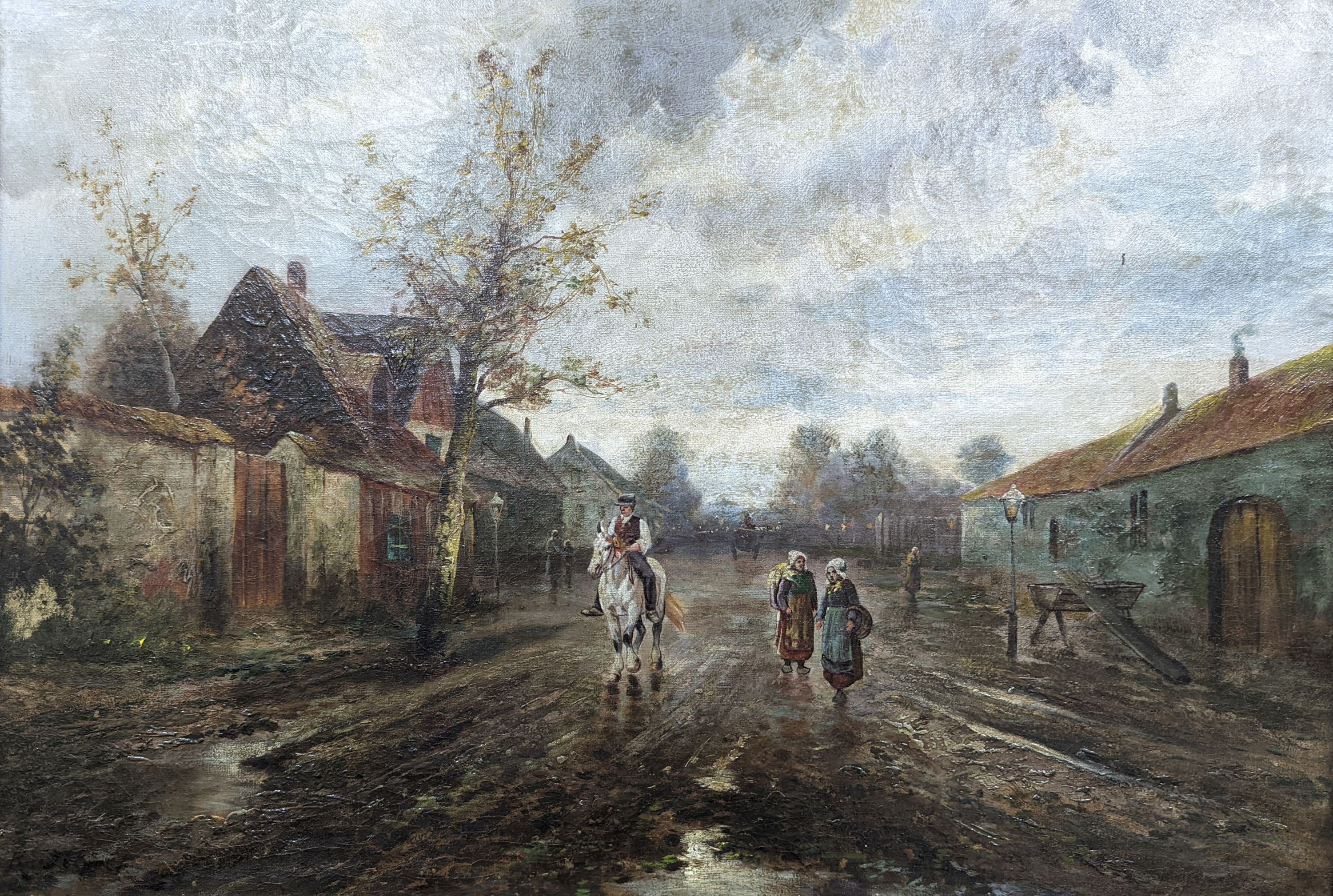 French School, early 20th century, oil on canvas, Figures on a country lane, indistinctly signed, 46 x 68cm